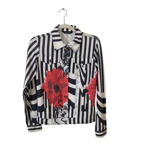 Tango Mango XS Striped Floral Button-Front Jacket Black White Red Stretch